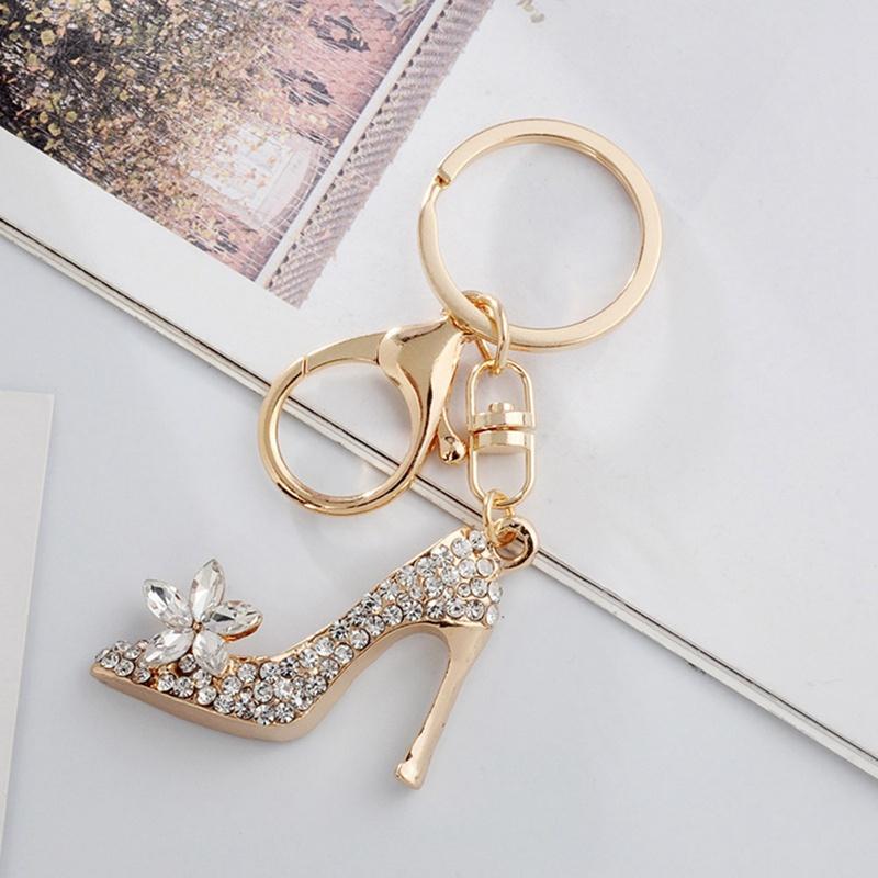 

Keychains Creative Gold High Heel Key Chain Pendant Craft Ring Crystal Rhinestone Shoes Keyrings Hanging Keyring Bag Decor Flash Gift