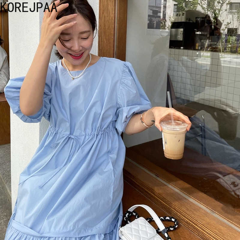 

Korejpaa Women Dress Summer Gentle Round Neck High Waist Drawstring Lace Layered Stitching Large Swing Puff Sleeve Vestidos 210526, Apricot