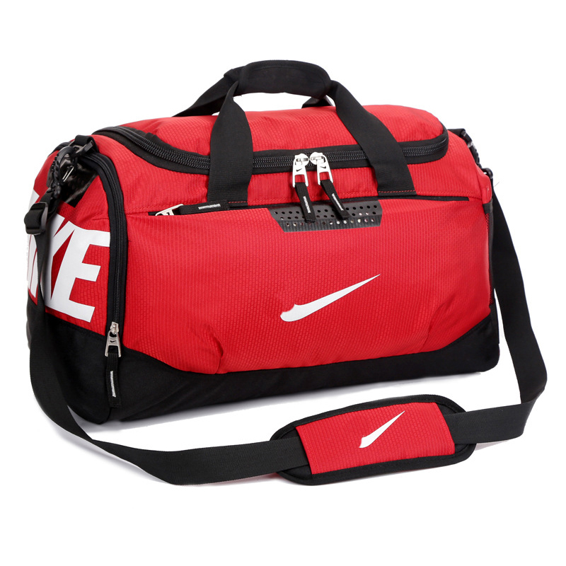 

Top Quality Red fashion men travel bag, duffle bags, brand designer luggage handbags, large capacity sport bag, Sports Gym Messenger Bags, Dry and wet separation storage, Black background and blue webbing