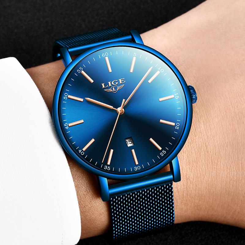 

Wristwatches LIGE Mens Watches Top Sports Watch Slim Mesh Steel Date Waterproof Quartz For Men Clock Relogio Masculino, All black