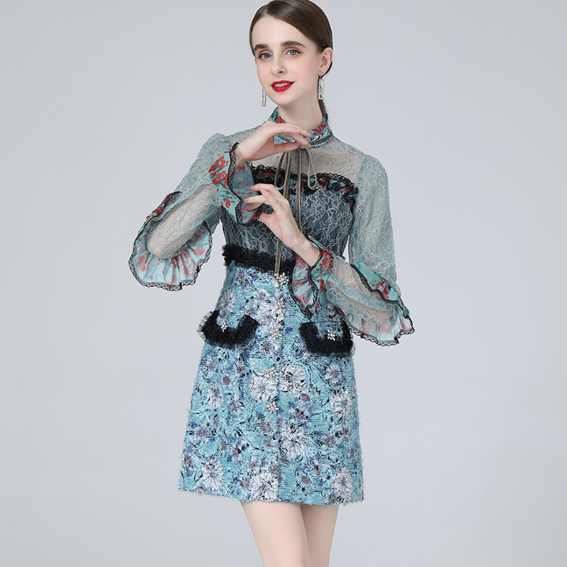 

Women' Dresses Stand Collar Long Flare Sleeves Ruffles Lace Patchwork Printed Elegant Fashion Short Dress Vestidos, Blue
