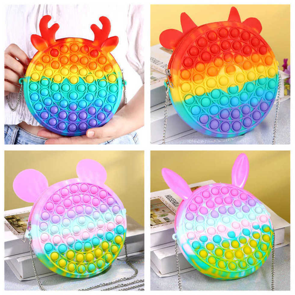 

Novel Cool Rubber Fidget Bubble Poppers Toys Bag Crossbody Fanny Pack Chain Purses Rainbow Cartoon Elk Cat Mouse Chainbag Kids Early Leaning