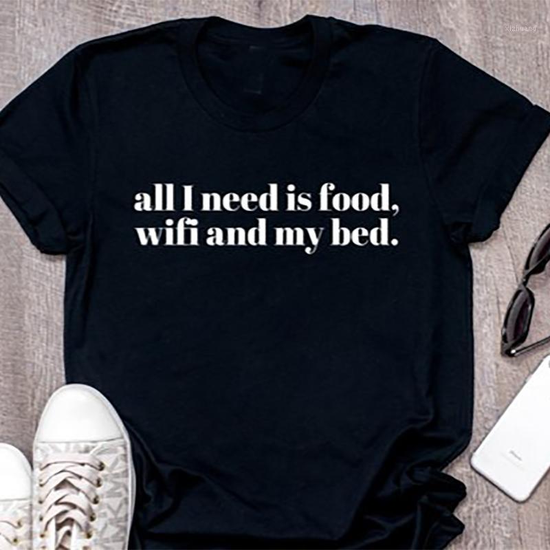 

Women's T-Shirt Tshirt Slogan Women Men T Shirt Unisex Plus Size Funny Shirts Tops Tee All I Need Is Food Wifi And My Bed -3XL, Black