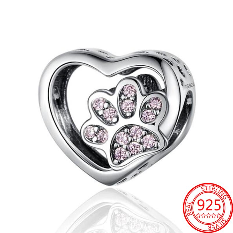 

Charms 925 Sterling Silver Pink CZ Dog Print Heart Charm Fit Original 3MM Bracelet Jewelry Gift, Bronze;silver
