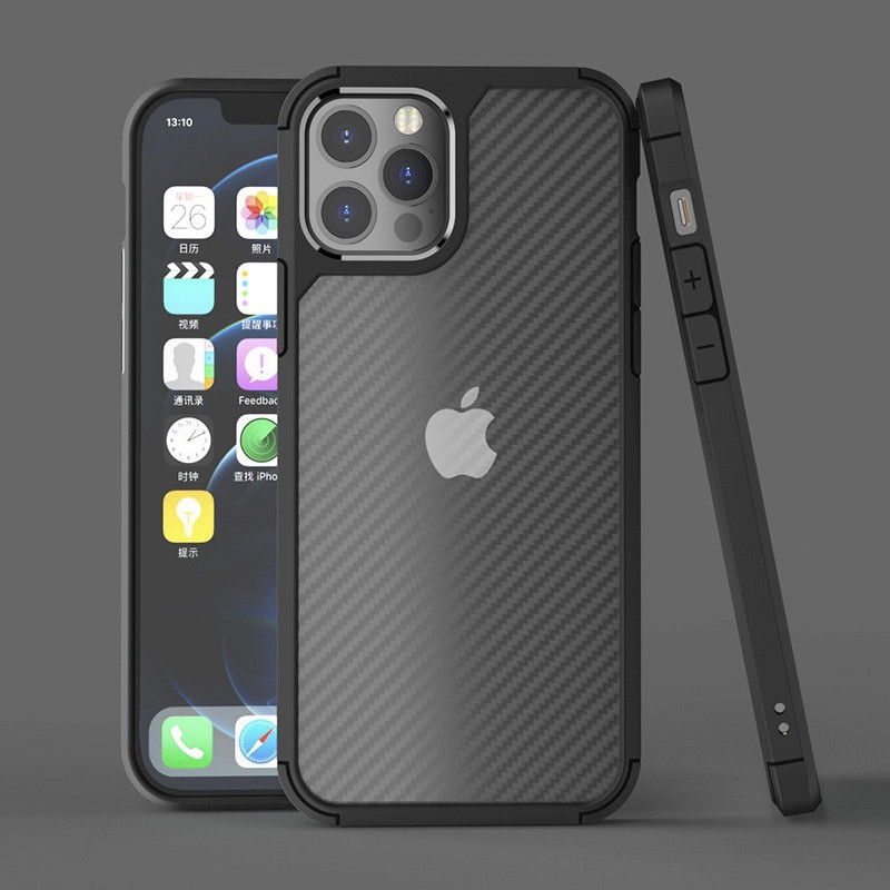 

Carbon Fiber Case for iPhone 14/13/12 Mini/Pro/Max PC Back Soft Bumper Half Clear Fashion Phone Cover 100pcs/up, Black