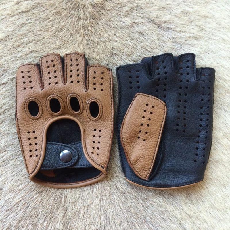 

New Arrival Luxury Men Semi-Finger Genuine Leather Gloves Mens Driving Unlined Half Fingerless Goatskin Gloves For Male Mitteng