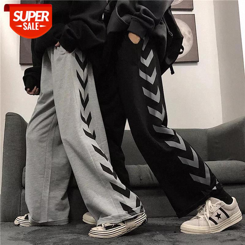 

2020 Fashion new Autumn Korea dark print loose casual plus velvet thick mopping straight sports pants men and women trousers #Wz3i, Black;white
