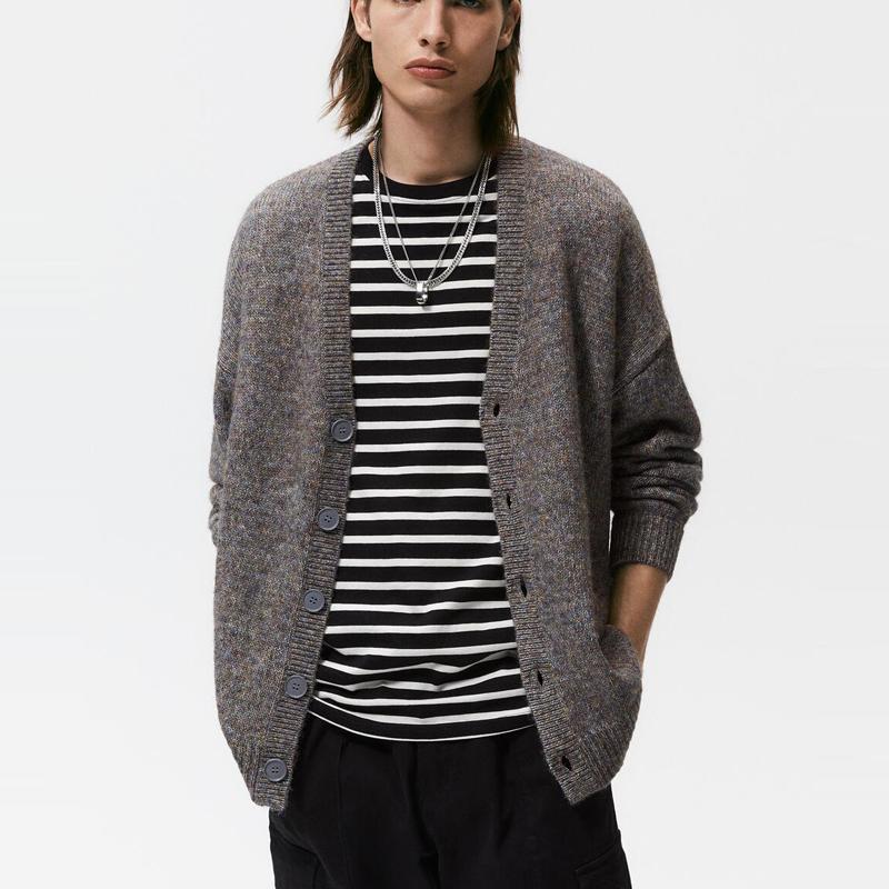 

Men's Sweaters 2022Autumn And Winter Men V-neck Cardigan Casual Loose Solid Color Single-breasted Textured Knitted Sweater Tide, Grey