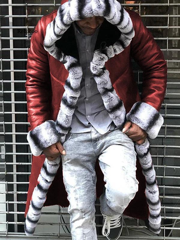 

Men's Fur & Faux Coat Leather Fleece Patchwork Long Hooded Jacket Imitation Trench Coats Winter Overcoat Male Plus Size, Black