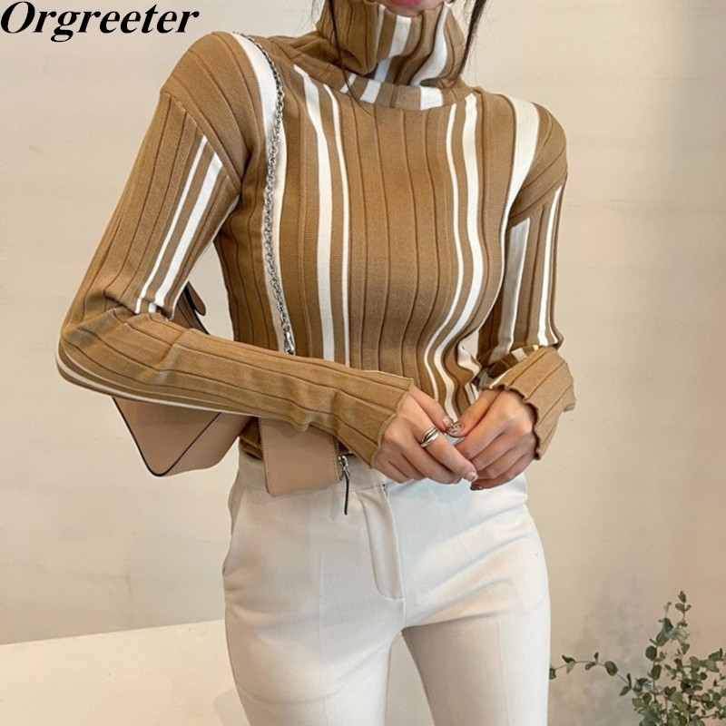 

Korean Chic Temperament Turtleneck Irregular Stripes Slim Long-sleeved Pullover Knitted Tops Women's Spring Fall Sweater 210525, Khaki
