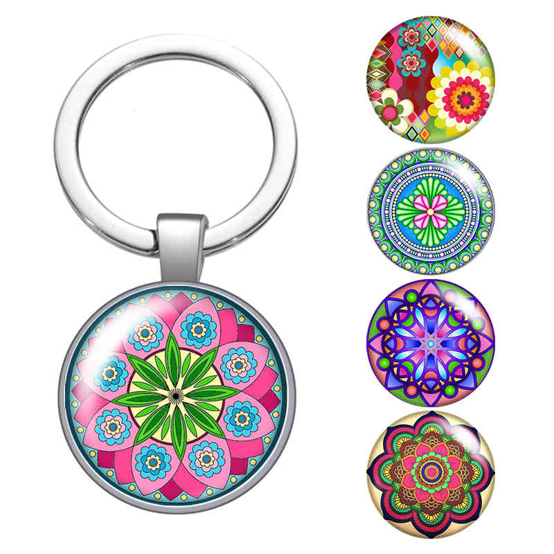 

Vintage Style Patterns Flower Pattern Glass Cabochon Keychain Bag Car Key Rings Holder Silver Plated Key Chains Men Women Gifts