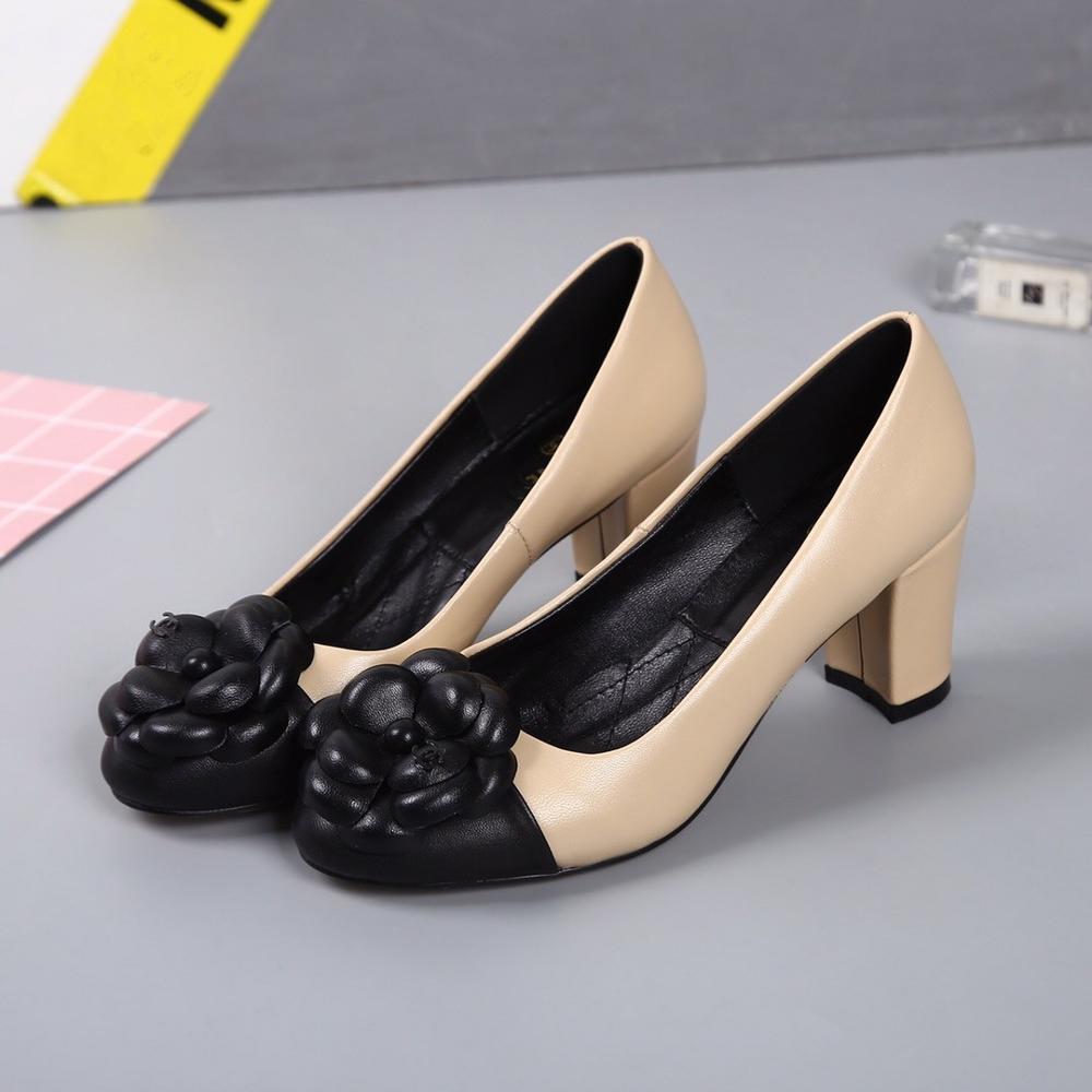 

PGXXZLX Free Shipping Spring Camellia sheepskin Round Head Thick with Shallow Mouth Work Shoe Women Pumps High Heels Single Shoe LJ201113, Black