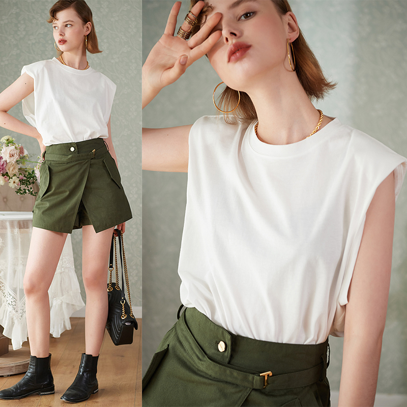 

2021 Simple Chic Design Solid Cotton t Shirt Elegant Women Tops Wide Shoulder Pad Summer Sale Fashion Sleeveless Streetwear 01op, White