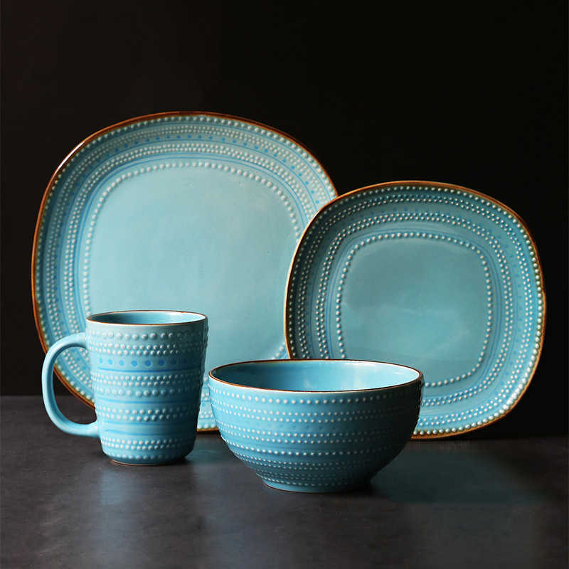 

Plate and bowl set European Family steak plate salad bowl creative relief ceramic tableware four piece set