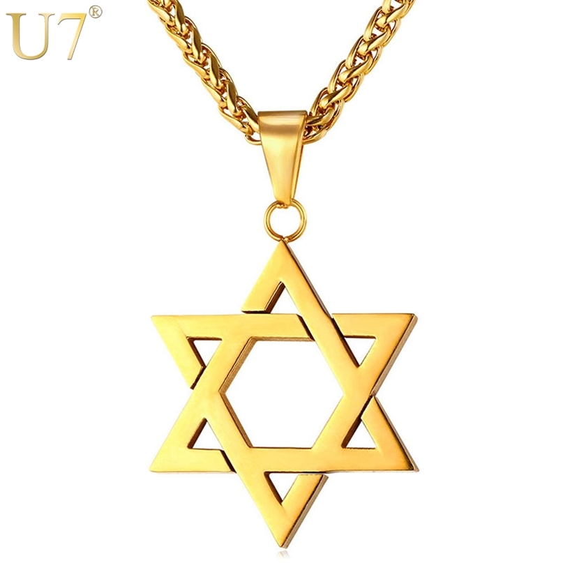 

U7 Men Women Star of David Necklace Stainless Steel Gold Pendant Je Magen P723 210721