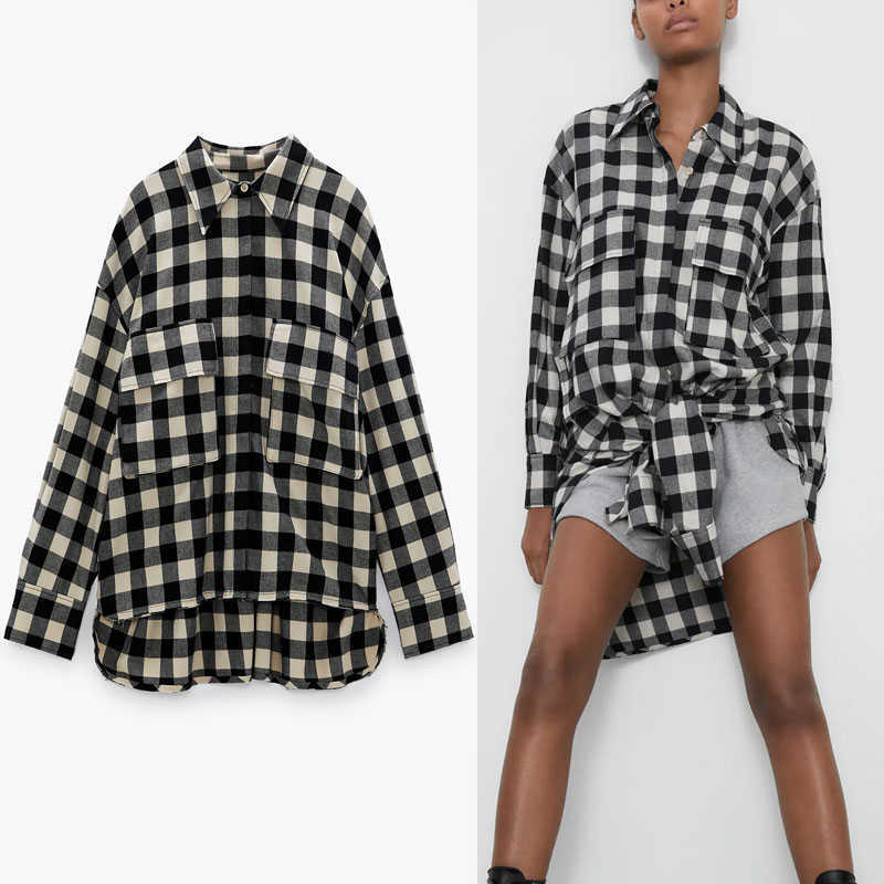 

Za Long Plaid Shirt Women Long Sleeve Asymmetrical Frayed Hem Office Lady Shirts Woman Chic Plus Size Loose Casual Top 210602, Black