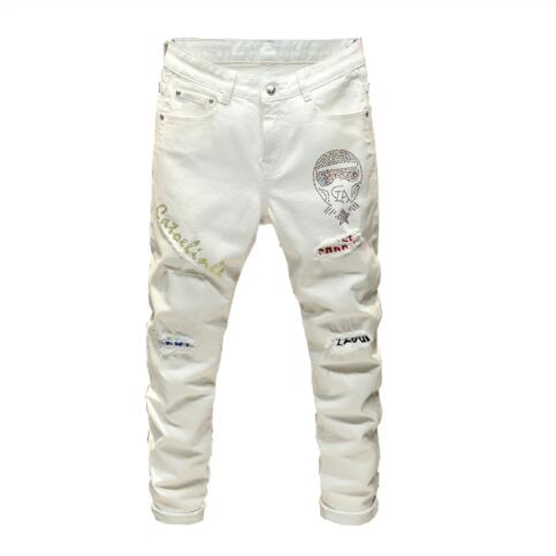 

2021 New Men's Male Casual Fashion Crystal Patchwork White Jeans Streetwear Slim Fit Patch Design Stretch Denim Pants Trousers Frcp