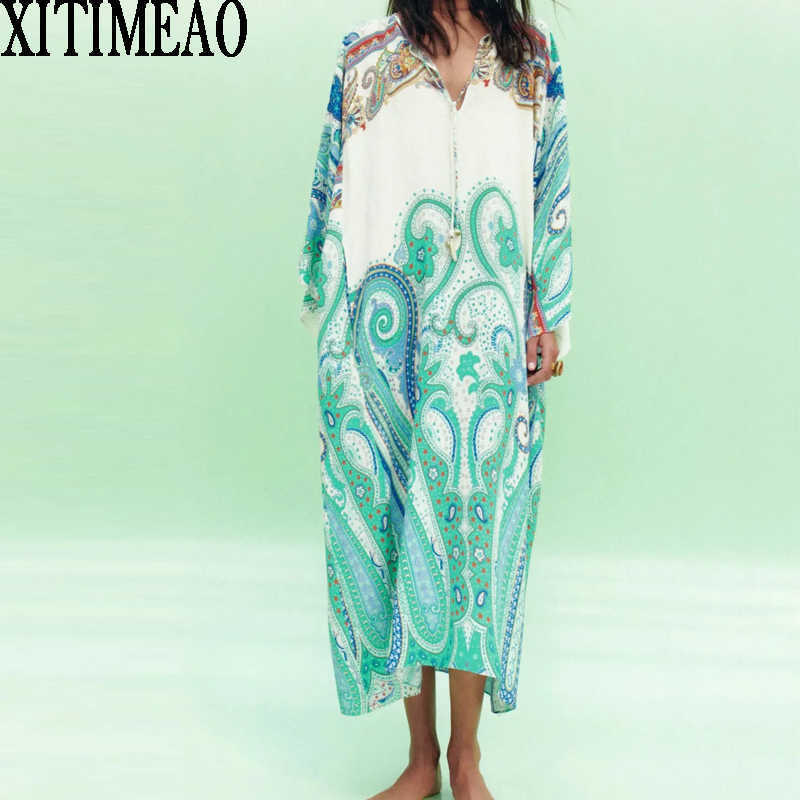 

Za Women Retro Floral Print Dress Long Sleeve O Neck Lace Up Loose Length Party Female Holiday Dess 210604, Blue