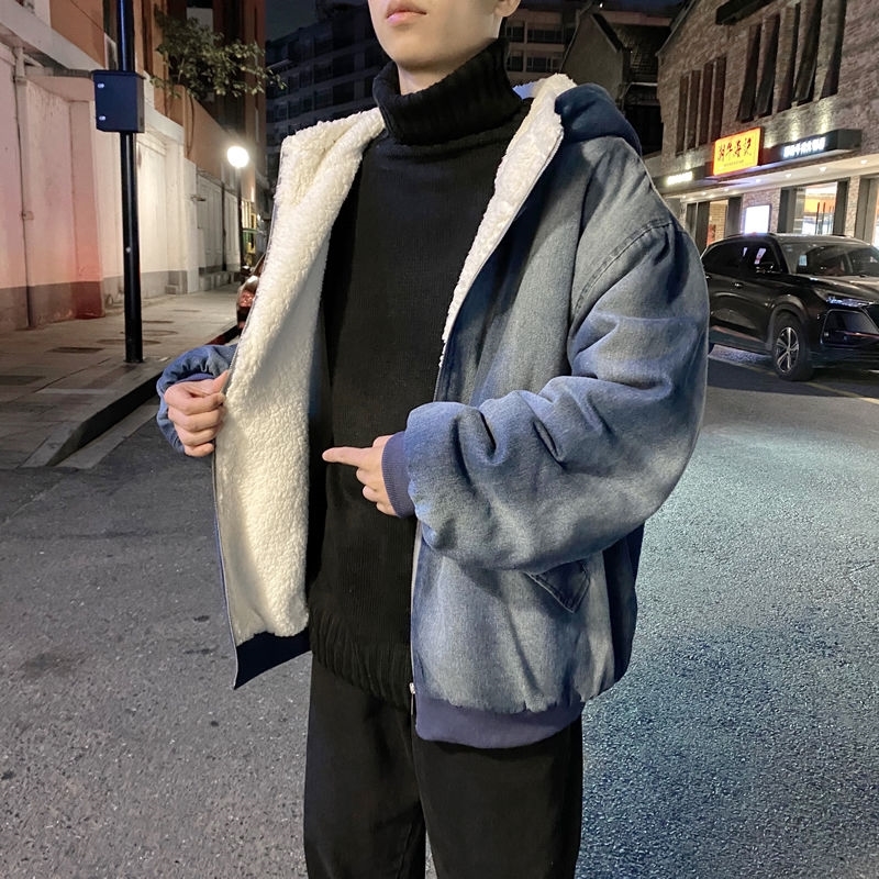 

2021 New Winter Thick Denim Jacket Men's Warmth Fashion Retro Casual Hooded Lamb Fur Men Short Coat Mens Clothes M-2xl Qlky, Blue