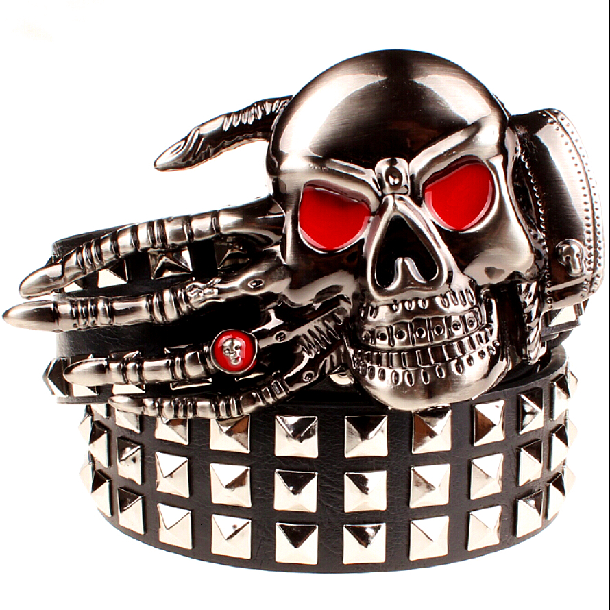 

2021 New Full Big Rivet Skull Hand God's Metal Buckle Belts Devil Eyes Bone Ghost Claw Belt Style Show Girdle Men Hzbm, Black