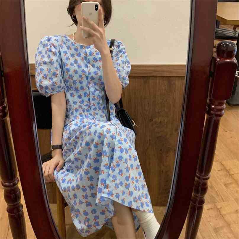 

Blue Retro Florals Printed Sweet Lady Short Sleeves Summer Slim Long Dresses Femme Streetwear Vestidos 210525, Photo color