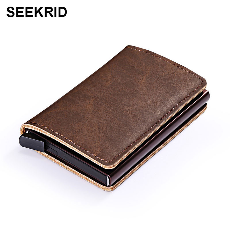 

RFID Blocking Vintage Automatic Leather Credit Card Holder Men Aluminum Alloy Metal Business ID Multifunction Cardholder Thin Wallet for Man, Grey
