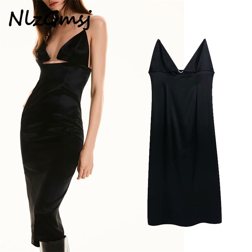 

Dres Jewel Strap Satin Long Black Sexy Backless Evening Party es Female Chic Back Vent Vestido 210628, As picture