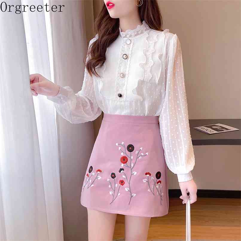 

Spring Fall Stand collar Ruffles Trim Pearl Button Dot Chiffon Shirt and High waist Flower Embroidery A-line Mini Skirt Suits 210602, White and black