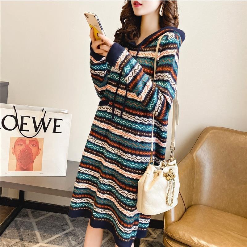 

Casual Dresses Vintage Striped Knitted Long-sleeved Dress Autumn Winter 2021 Knee-length Drawstring Hooded Pullover Sweater Women, Ivory