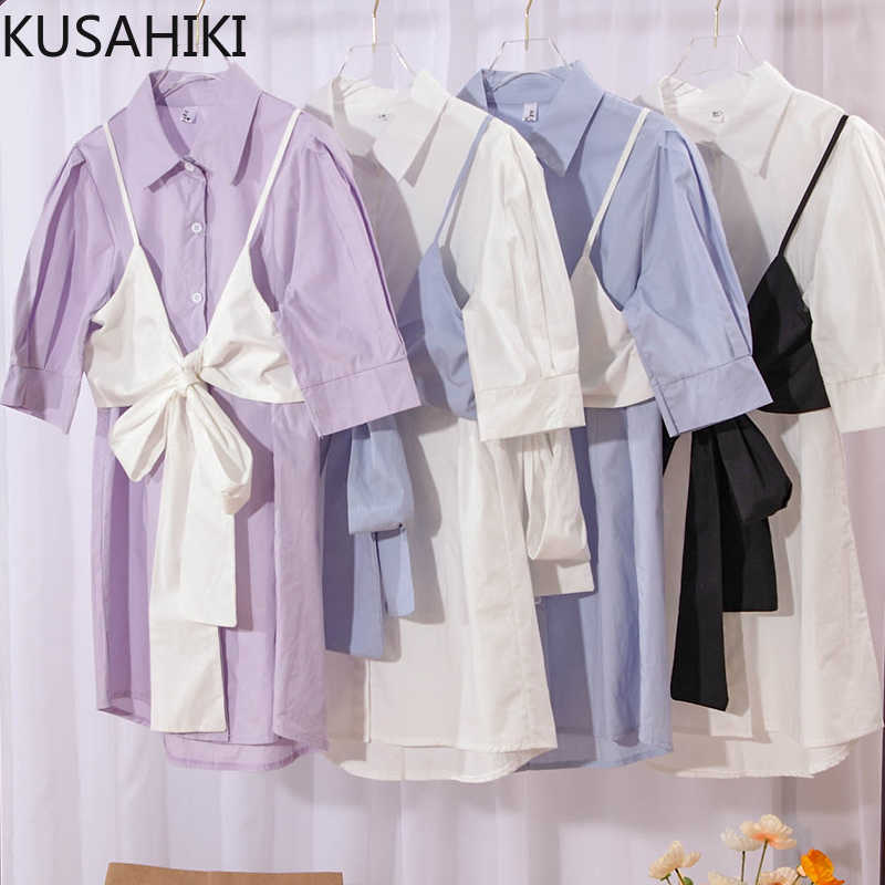 

KUSAHIKI Women Blouse Dress Sets Short Sleeve Turn-down Collar Dresses + Bow Bandage Sling Vest Korean Summer 2piece Suit 6J170 210602, White blue