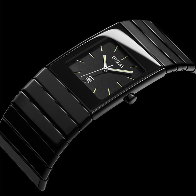 

Wristwatches OUPAI Old Fashion Black Classic Ceramic Rectangle Watch Men Design Square Quartz Waterproof Luminous, White fan