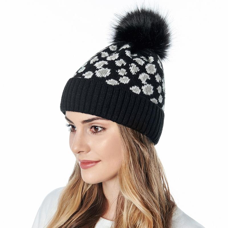 

New Beanie/Skull Caps Women Winter Warm Knitted Beanie Hat Vintage Leopard Animal Print Fuffy Pompom Cuffed Skull Cap Head Cover Ear Warmer