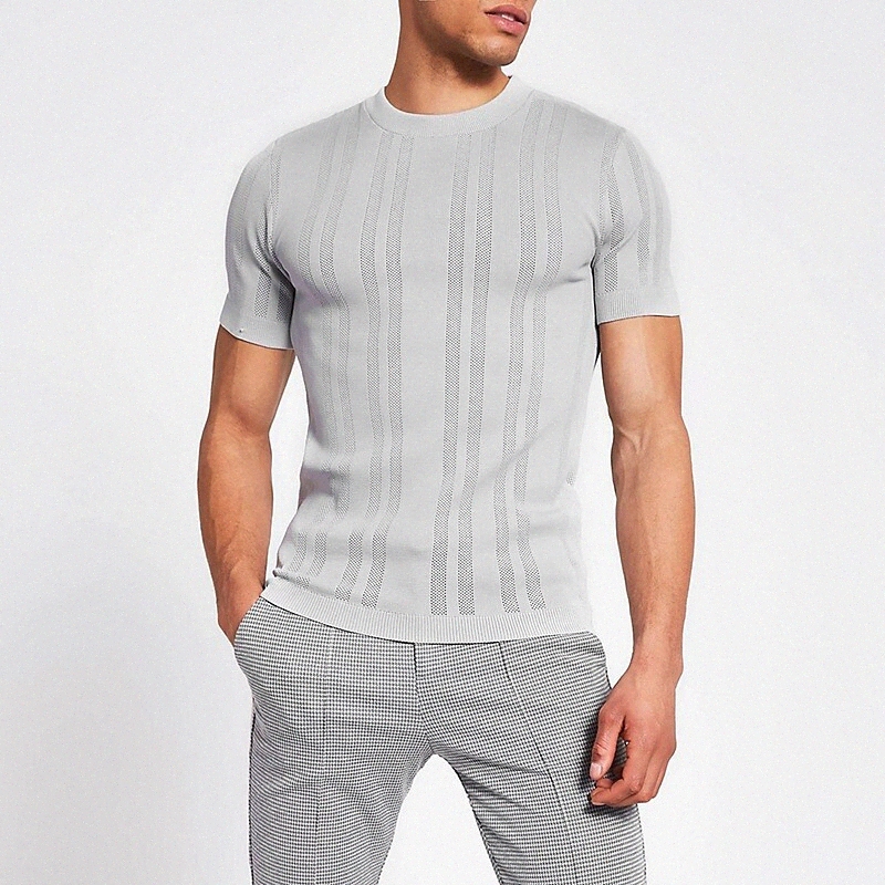 Men's Unisex Pullover Knitted Striped Stylish Vintage Style Short Sleeves Sweater Cardigans Crew Neck Summer Gray White Y2Xc#