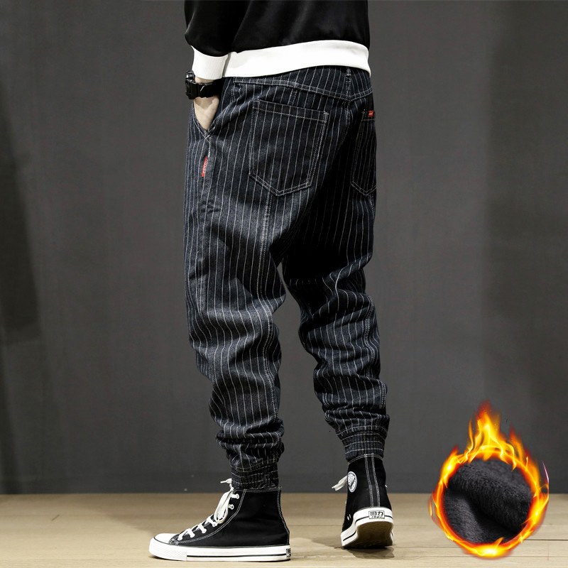 

2021 New Fashion Winter Loose Fit Vintage Designer Stripe Cargo Pants Harem Slack Bottom Hip Hop Warm Jeans Men Joggers M7nx, Blue