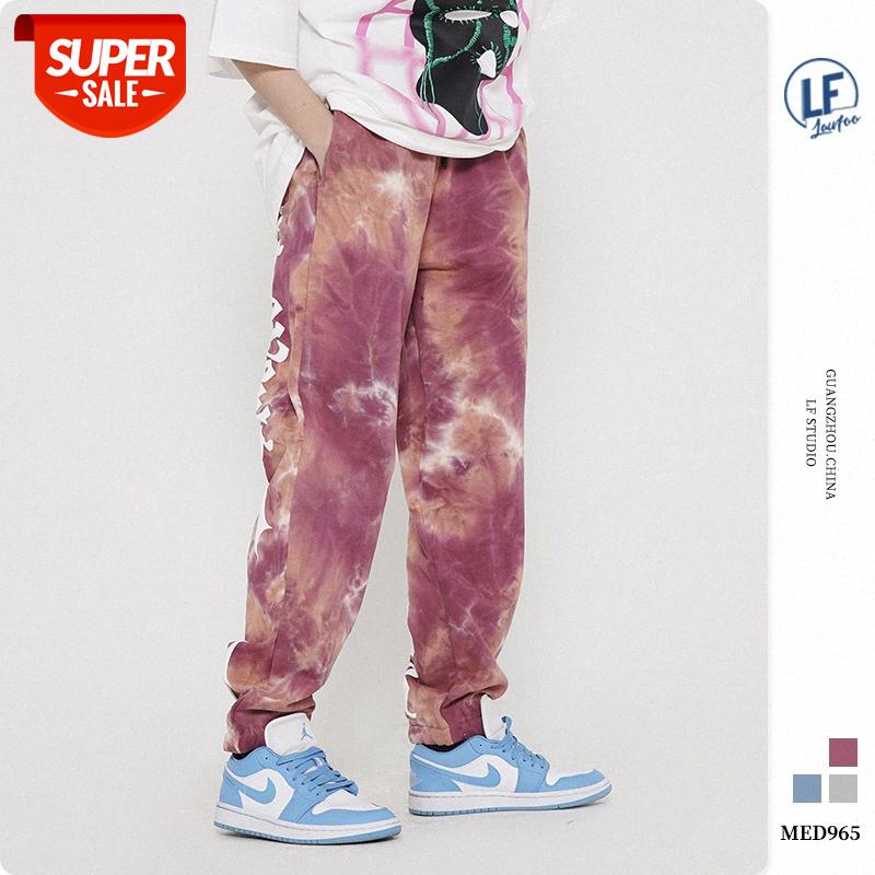 

LawFoo men's tie-dye feet, letter foam printing casual pants #WM7u, Black
