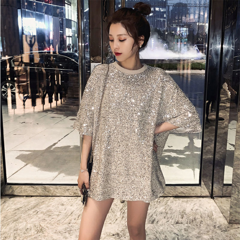

2021 New Korean Way Sequins Short Sleeve Tshirt Female Summer Clothes Harajuku Hip-hop Loose Long Tops Schoolgirl Streetwear Zk6y, Black