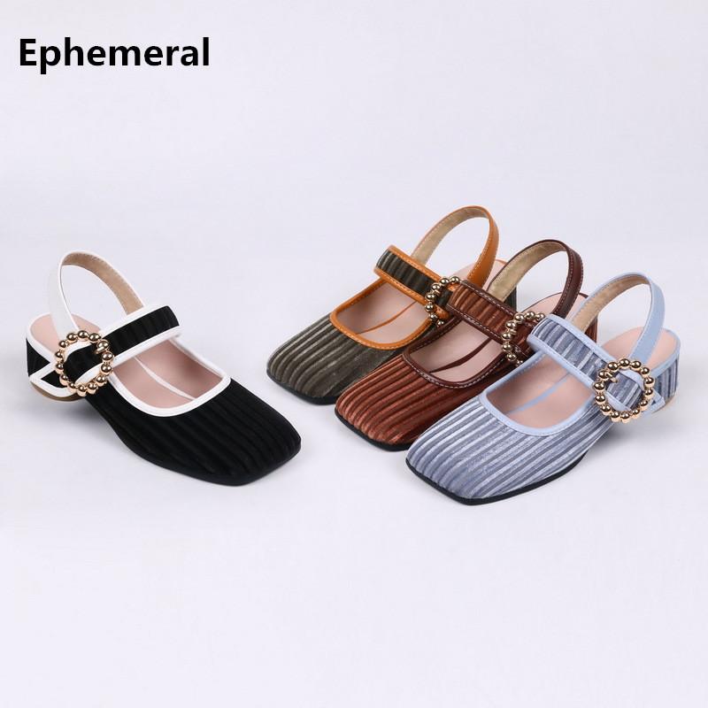 

Women High Heels Sandals With Beading Buckle Square Toe Patchwork Flock Med Heel Plus Size 34 43 Strip Shoes Sandalias Zapatos, Brown