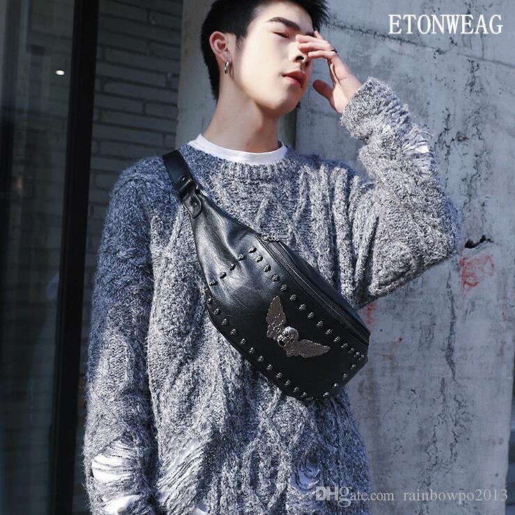 

Factory wholesale men bag ghost pattern mens cycling bags personality rivet punk shoulder handbag street cool skull messenger handbags, Black