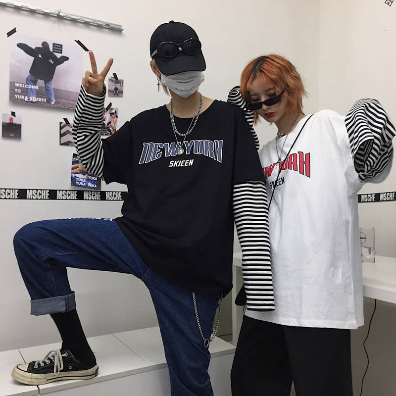 

2021 New Harajuku T-shirt Dos Marca Carta Hip-hop Emenda Tee Top Manga Comprida Streetwear Casual Homens Hip Hop t Camisa Mulheres Vzzu, Black