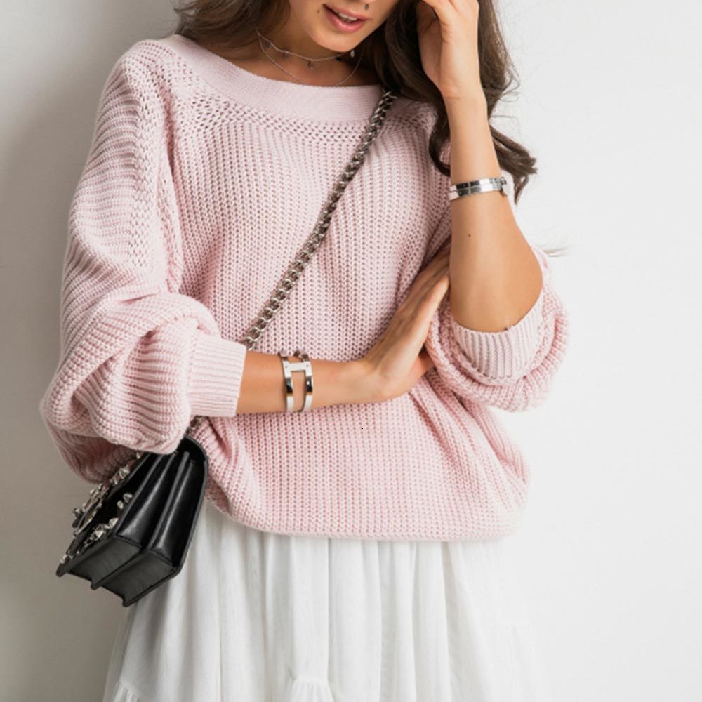 

2021 New Women Casual Long Sleeve Backless Knitted Sweater Harajuku Loose Pullovers Sexy Open Back Button Knitting Tops Waqy, Pink