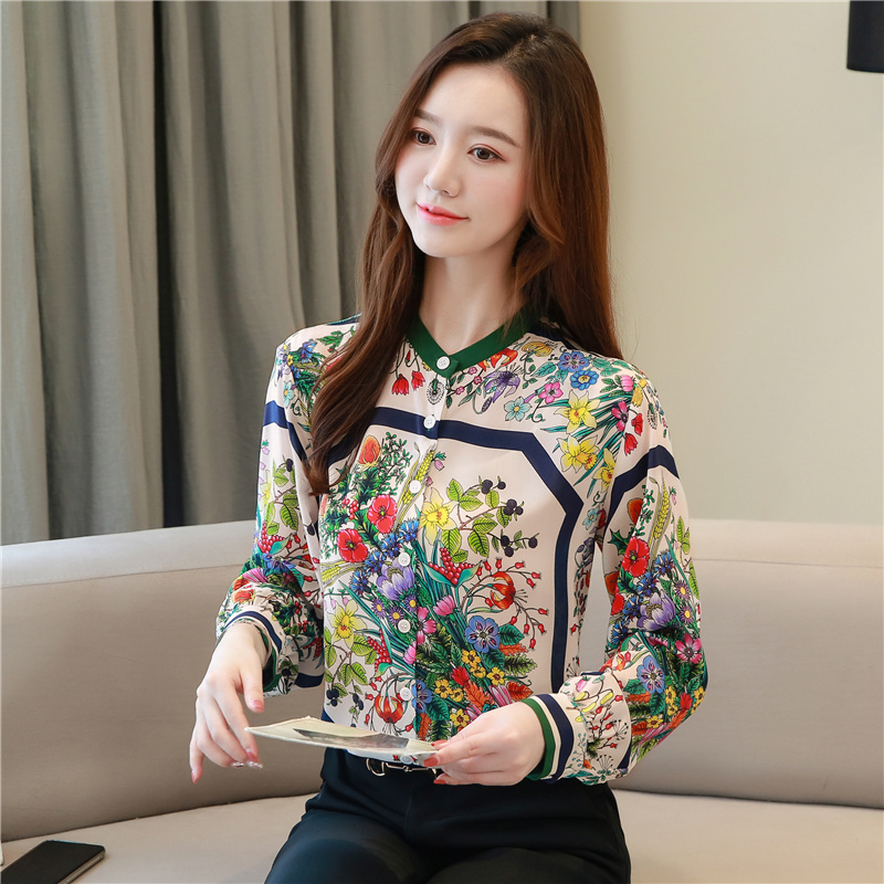 

Retro Floral Luxury Shirt 2021 Runway Long Sleeve Women Designer Elegant Satin Printed Blouses Spring Autumn Winter Slim Formal Event Office, White