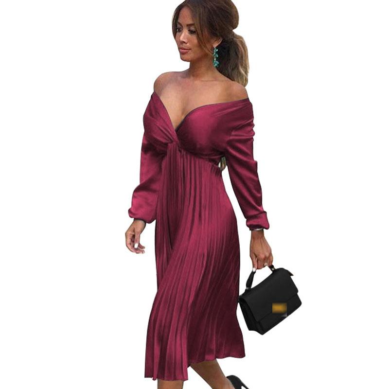

Casual Dresses Elegant Pleated Satin Dress Women 2021 Autumn Winter Off Shoulder Long Sleeve Ladies Green Vestidos Sexy Party, Black