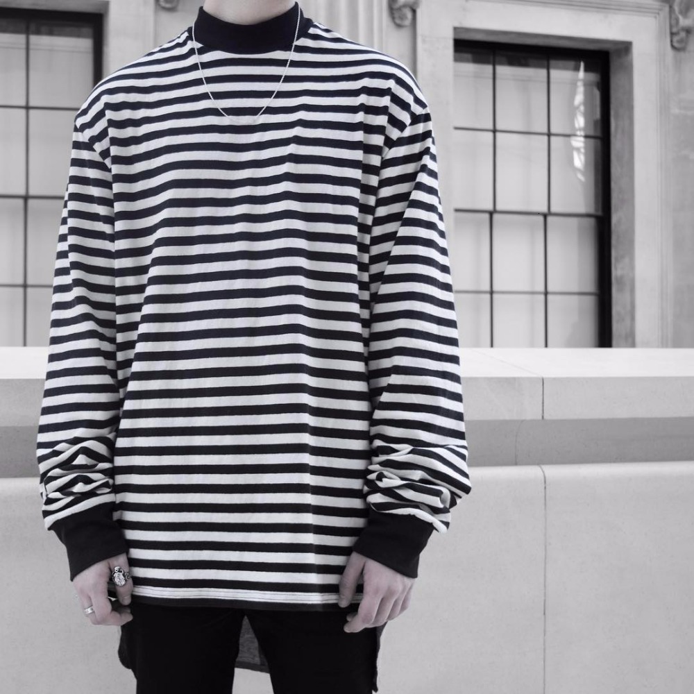 

2021 High Street New Top Fog Oversize Striped Long Sleeve O-neck T-shirt Hip Hop Kanye West Men Womem Fashion Cotton Tees Fwi2, Black