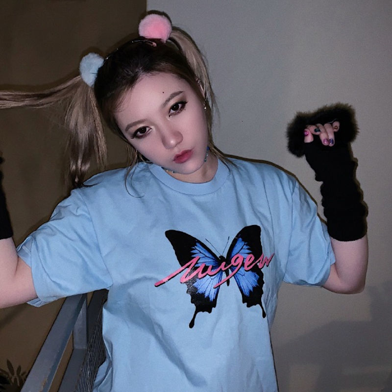 

New Korean Style Butterfly Short Sleeve Print Female T-shirt Will See 2021 Harajuku Kawaii Graphic Tees Schoolgirl Tops Clothes 6mak, White