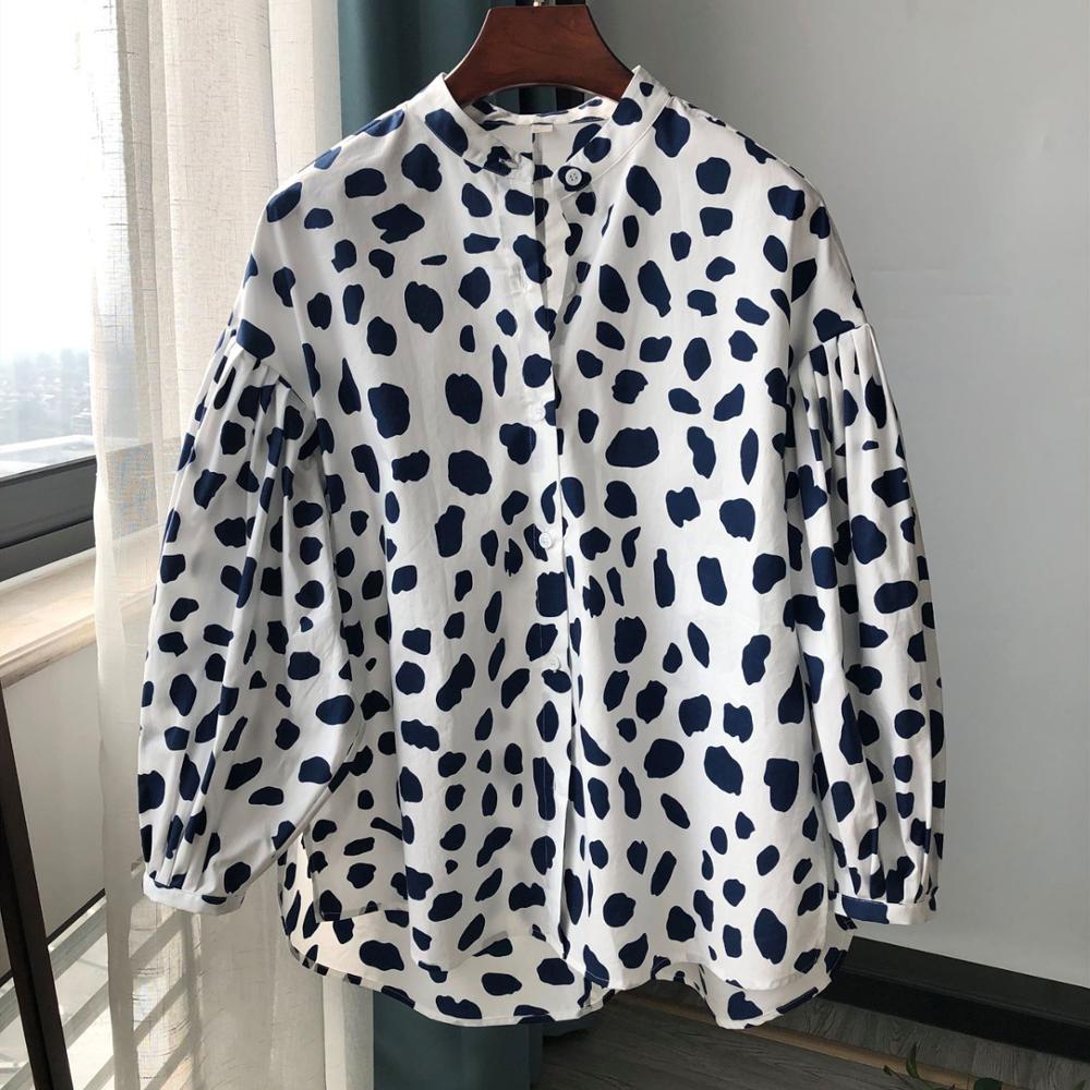 

2021 New Algodo Mulheres Blusa Impresso De Bolinhas Manga Longa Baforada Diviso Hem Nico Breasted o Pescoo Shirt Tops Gkdn, Black