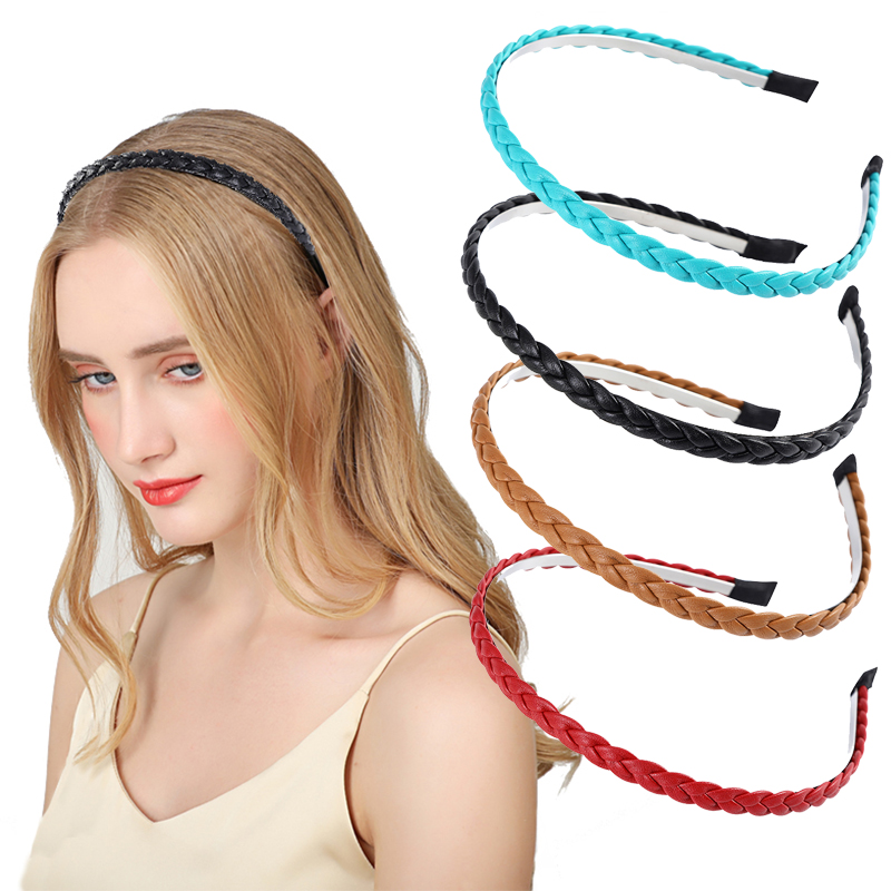 

Fashion Women Girls PU Leather Braided Hairbands 1cm Thin Twist Headbands Solid Color Hair Accessories Bezel Hair Hoop Headwrap