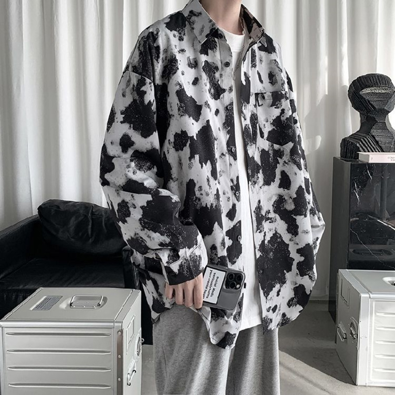 

2021 New Spring Cotton Tie-dye Men's Fashion Retro Casual Men Streetwear Korean Loose Long-sleeved Shirts Mens Shirt Kge3, White cow