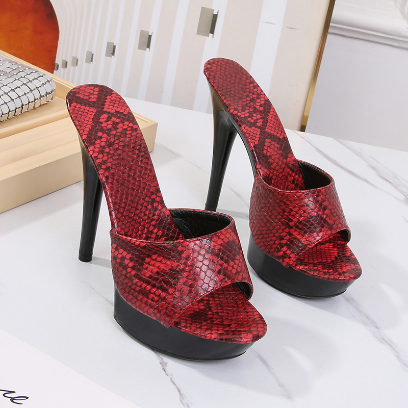 

2021 Women's Slippers New Fashions in High Heels Sexy Shoes 13cm Pattern Snake Bottom Thin Heel Serpentine Shoe 6gff, Deep blue