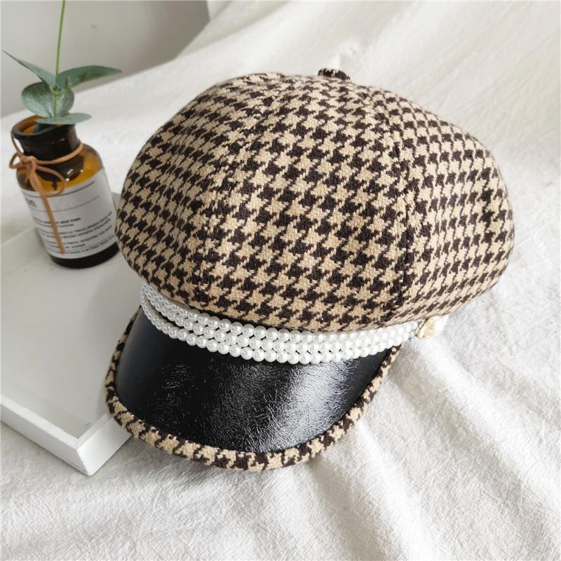 

Berets Women Winter Hat Young Woman Black And White Plaid Pearl Parquet Along Fashion Cloth Thousand Bird, Blue;gray