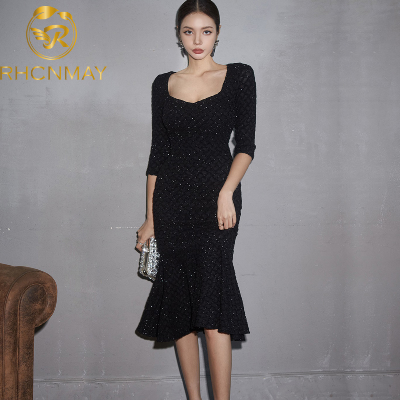 

2021 korean version new winter dress women temperament slim long sleeve fishtail buttock dress party dressswimwear bathing suits swimsu, Black;gray